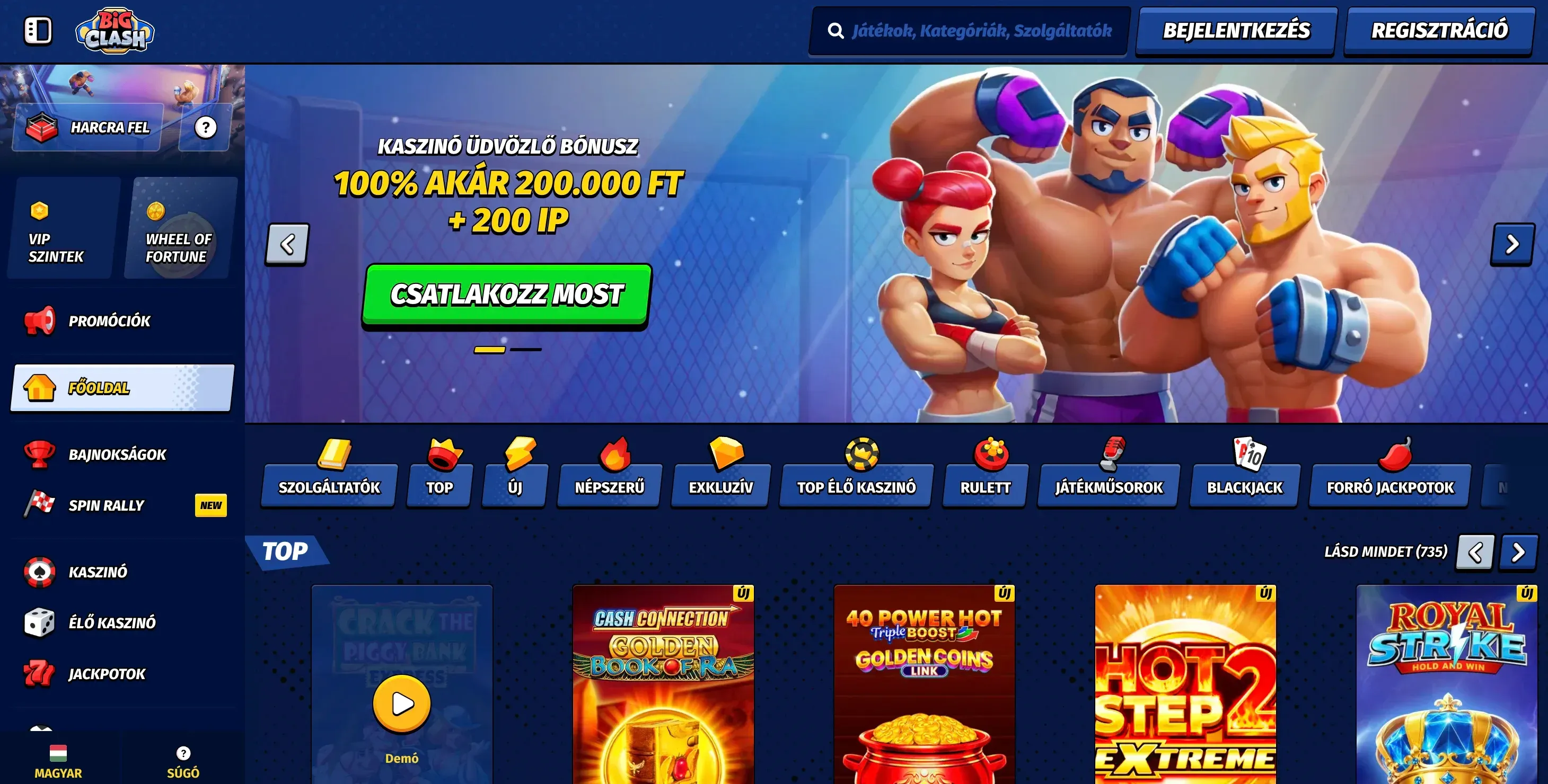 A BigClash casino honlapja